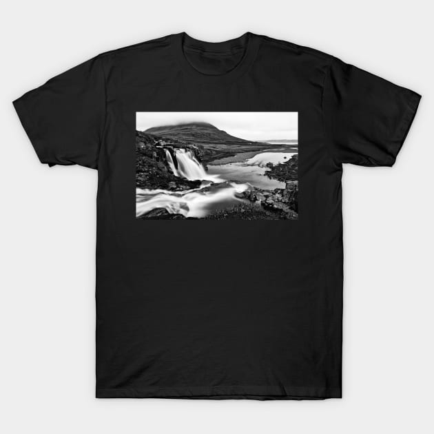 Foggy Kirkjufellsfoss - Black & White T-Shirt by somadjinn